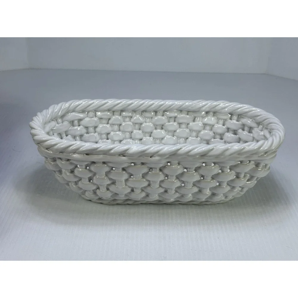 Vintage Portugal Glazed White Ceramic Centerpiece Fruit Basket Woven Bowl 13